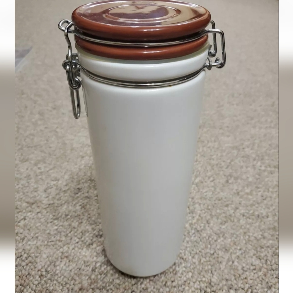 Large Ceramic White And Brown Canister Made In Japan